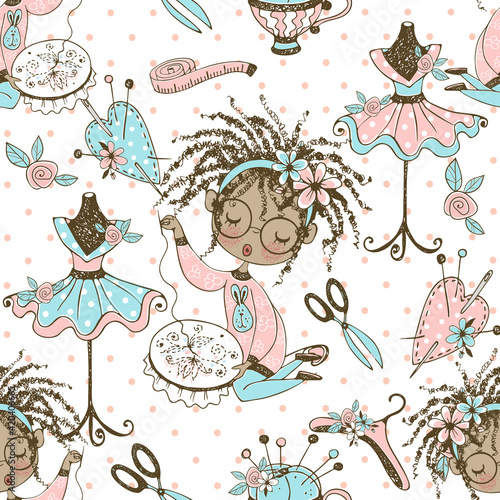 Seamless pattern with a cute little black girl needlewoman embroidering on an embroidery frame. Vector.