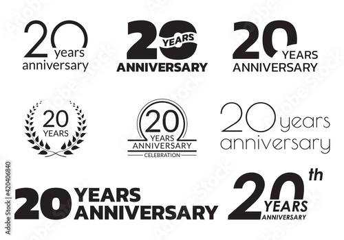 20 years anniversary icon or logo set. 20th birthday celebration badge or label for invitation card, jubilee design. Vector illustration. photo