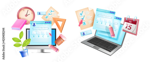 Online exam, internet testing e-learning concept, laptop screen, computer monitor, clock, calendar. Questionnaire, web quiz form, checklist 3D illustration. Online exam, digital application concept