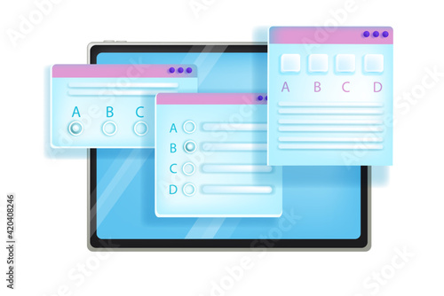 Online exam vector illustration, internet education test, tablet screen, examination app window. Isolated web questionnaire, quiz, check list, box. Digital poll, school online exam form design