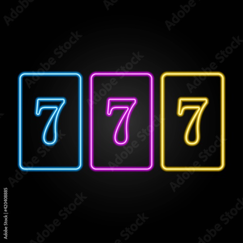 777 neon sign, modern glowing banner design, colorful modern design trends on black background. Vector illustration.