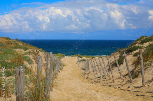 wooden foot path way to the sandy beach on beautiful day