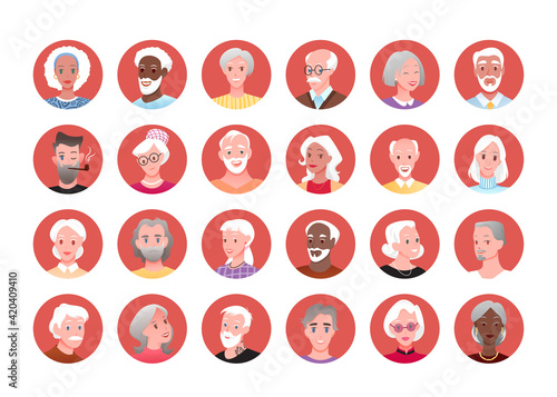 Elderly people round avatar set, happy man woman senior characters portraits collection