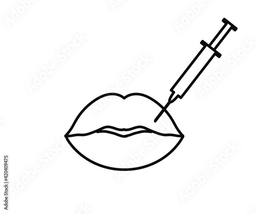Lip augmentation with Botox. Beautiful lips and injection. Symbol. Vector illustration.