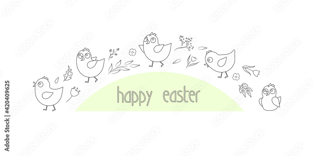 Easter horizontal cute hand drawn design with chickens and flowers on a white background. Great for Easter cards, banners, textiles, invitations. Vector illustration
