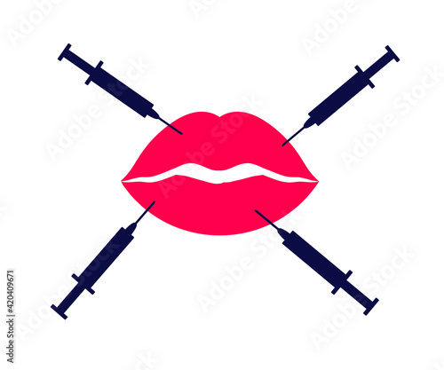 Lip augmentation with Botox. Beautiful lips and injection. Symbol. Vector illustration.