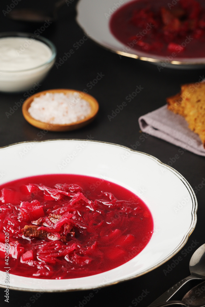 A plate with Ukrainian national dish - borsch A plate with Ukrainian national dish - borsch