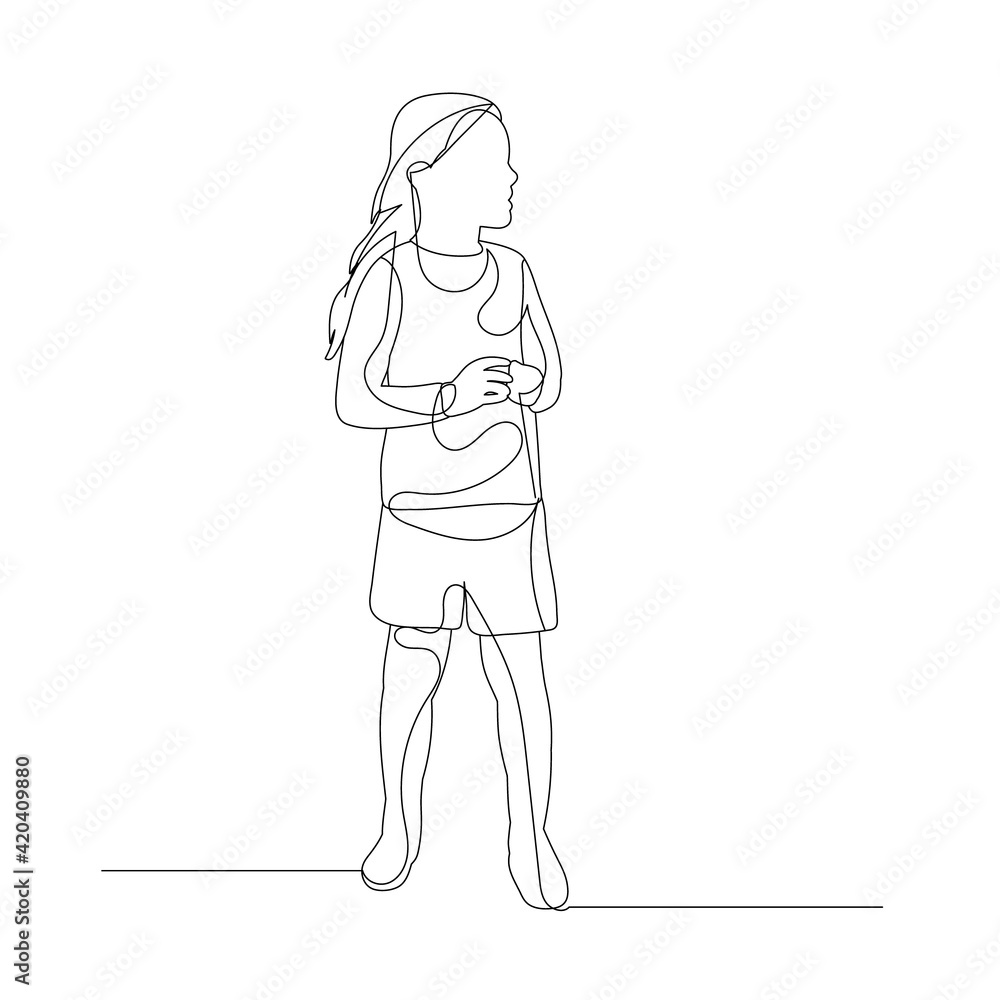 isolated, one line drawing little girl