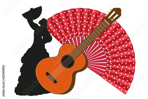 Classic guitar, handheld fan and flamenco dancer silhouette isolated on white background. Spanish culture. Set of Flat vector illustration