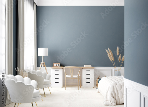 Contemporary bedroom interior in white and blue colors, 3d render