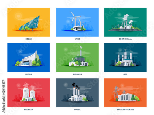 Electricity generation source types. Energy mix solar, water, fossil, wind, nuclear, coal, gas, biomass, geothermal and battery storage. Natural renewable pollution power plants station resources.