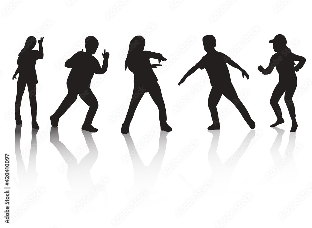 isolated, black silhouette children dancing