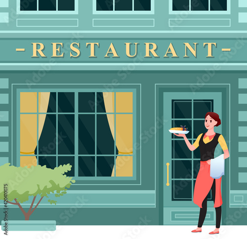 Restaurant city facade, happy waitress in apron holding tray, standing at entrance