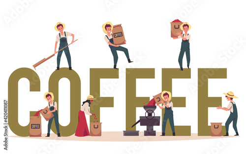 Banner with big Coffee word and tiny farmers flat vector illustration isolated.