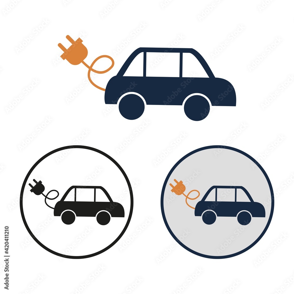 Naklejka premium Simple vector electric car icon. Set of round black and white and color personal transport symbol with electrical outlet