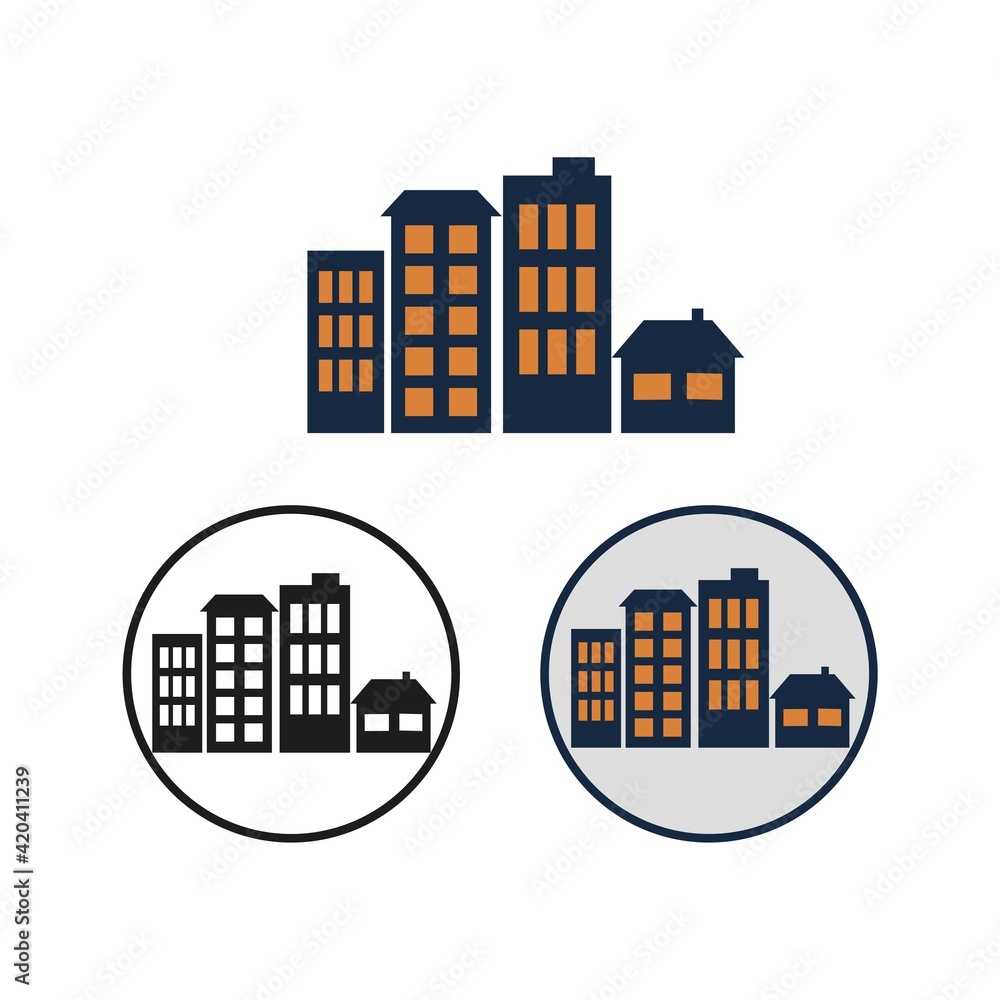 Settlement vector simple icon. Round black and white symbol of a city, town or village