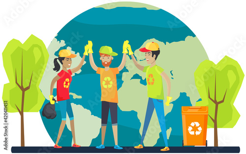 Group of people takes care about planet ecology. Volunteers throw plastic waste. Earth day concept