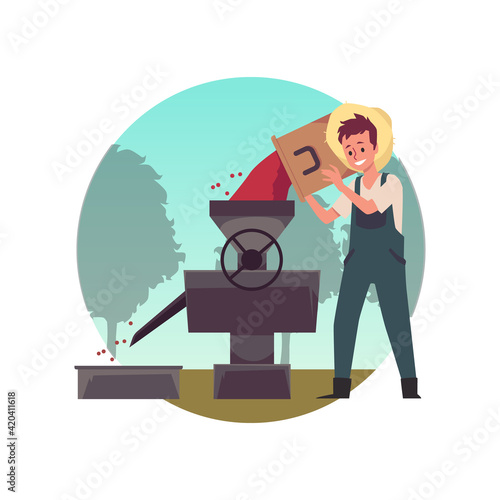 Farmer is hulling coffee beans using production equipment a vector illustration.