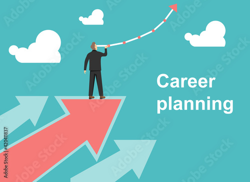 Career planning. A man stands in a business suit and points to a chart of his career. Vector illustration.