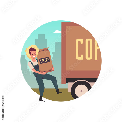 Vector flat illustration of man farmer loading sacks with coffee beans in truck.