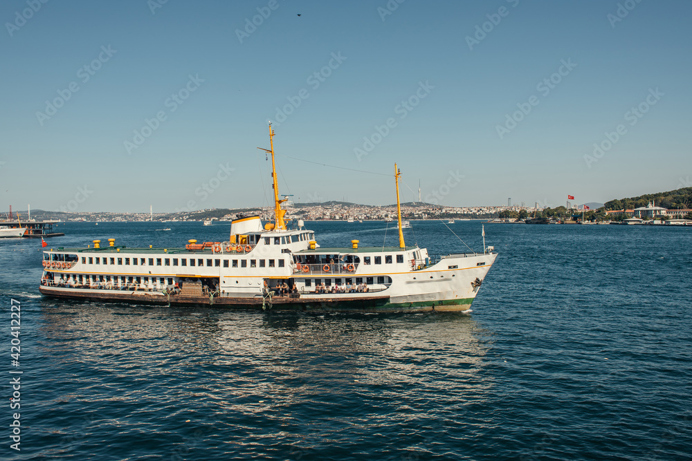 Ship in sea with blue sky at background in Istanbul, Turkey