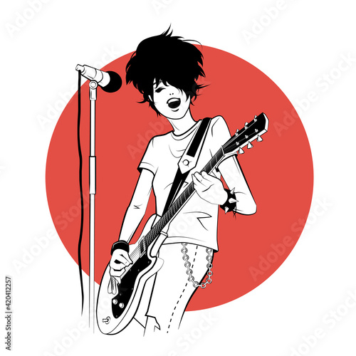 Young woman with electric guitar in sketch style on red background. Vector illustration.