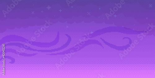 Dark alien purple sky with stars and curls. Pixel game about outer space vector illustration