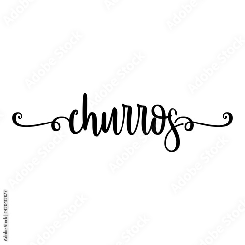 Banner con texto manuscrito churros escrito a mano con florituras en color negro