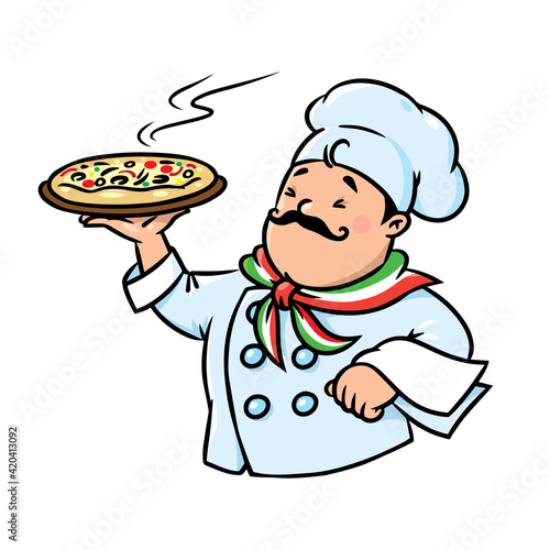 Funny italian chef with pizza. Emblem design