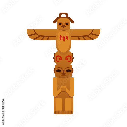 Mayan mexican wooden totem sculpture flat cartoon vector illustration isolated.