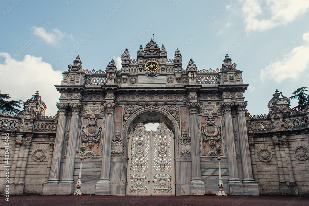 Entrance of Dolmabahce palace with sky at background, Istanbul, Turkey