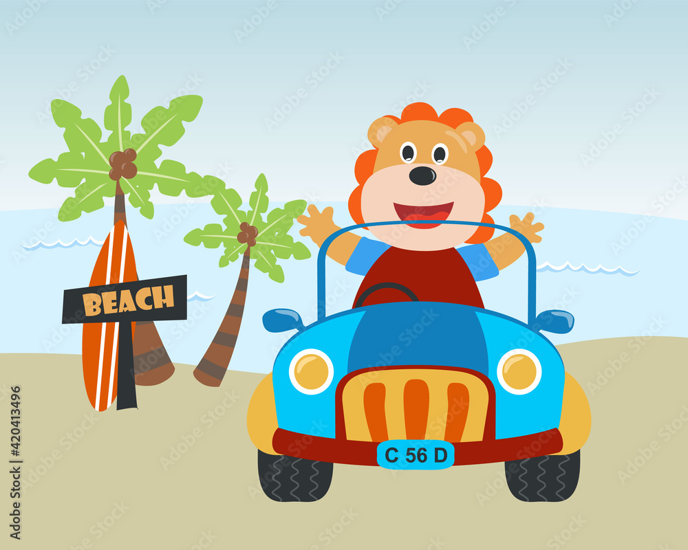 Cute lion cartoon having fun driving car on a sunny day. Vector childish background for fabric textile, nursery wallpaper, card, poster and other decoration. Vector illustration. Cute lion cartoon having fun driving car on a sunny day. Vector childish background for fabric textile, nursery wallpaper, card, poster and other decoration. Vector illustration.