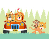 Group of animal cartoon having fun driving car on sunny day. Vector childish background for fabric textile, nursery wallpaper, card, poster and other decoration. Vector illustration.