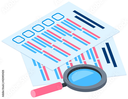 Blank survey checklist sheets. Education test, questionnaire, document under magnifying glass