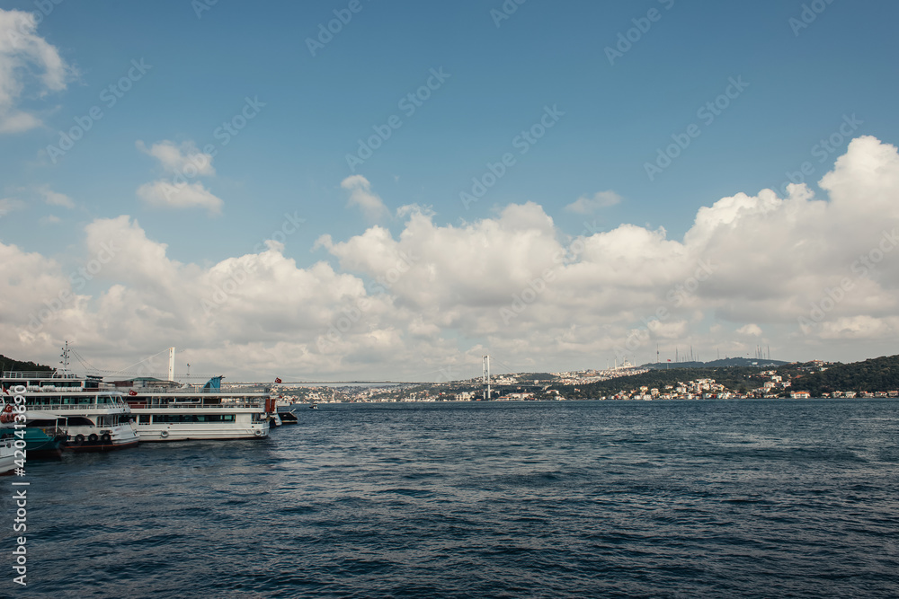 Ships and coast of Istanbul with sky at background, Turkey