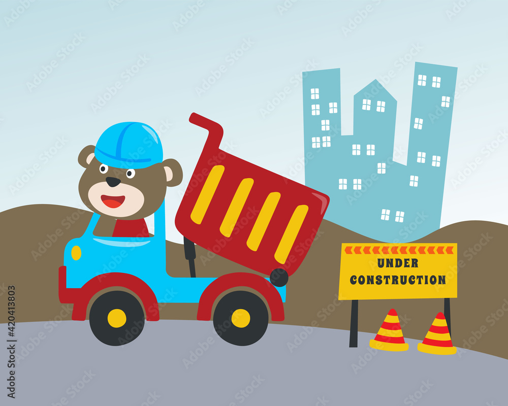 Vector illustration of contruction vehicle with cute litle animal driver. Can be used for t-shirt print, kids wear fashion design, invitation card. fabric, textile, nursery wallpaper and poster.