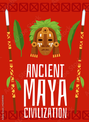 Ancient Maya civilization poster - traditional cartoon wooden mask