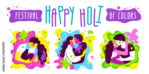 Happy Holi! Festival of colors. a set of pictures with kissing couples. lovers throw paints and doused with colored water. Banner for the festival of colors Holi