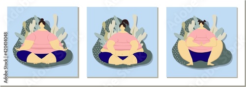 Fat women doing yoga. Yoga woman. Sports for full of people. Sports at home. Body positivity concept. Vector illustration