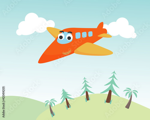 Funny cute airplane is flying in the air. Cartoon hand drawn vector illustration. Can be used for t-shirt printing, children wear fashion designs, baby shower invitation cards and other decoration.