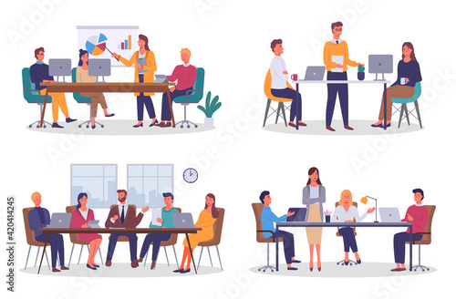 Office workers. Co-workers. Colleagues discuss project teamwork. Office staff work and communication