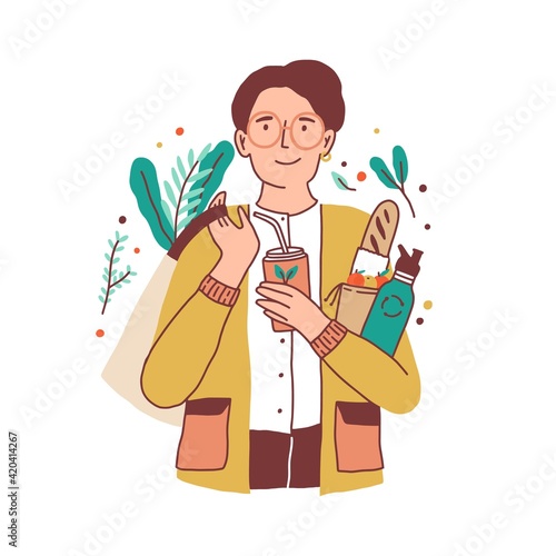 Happy young man holding cup and thermos, carrying shopping tote bag with vegetables and baguette. Eco lifestyle concept. Colored flat vector illustration of modern guy isolated on white background