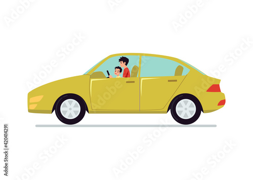 Father teaches son to drive isolated flat vector cartoon illustration.