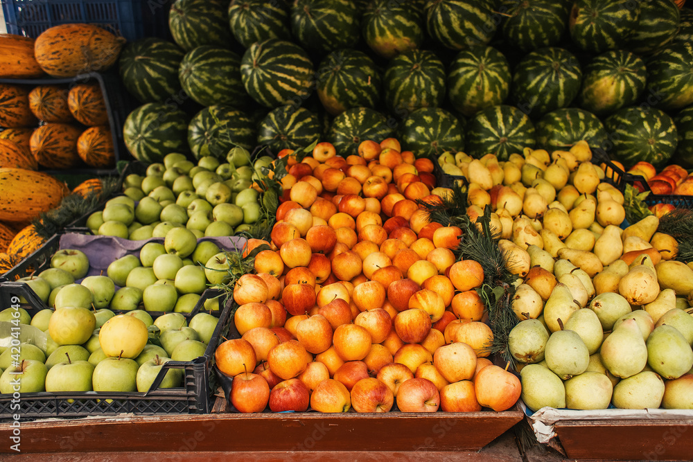 Fresh fruits on counter of outdoors market Fresh fruits on counter of outdoors market