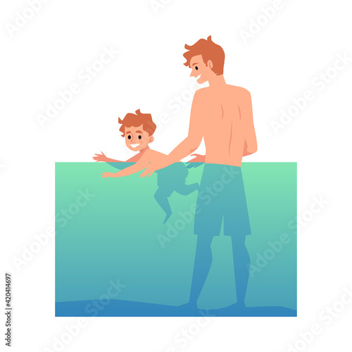 Father teaching his child to swim flat cartoon vector illustration isolated.