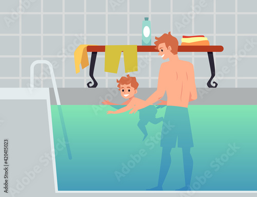 Father and child in swimming pool learning to swim, flat vector illustration.