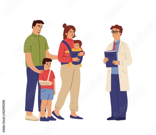 Family doctor. Clinical consulting, medical person with patients. Pediatric help, medicine swanky care for kids adults vector illustration