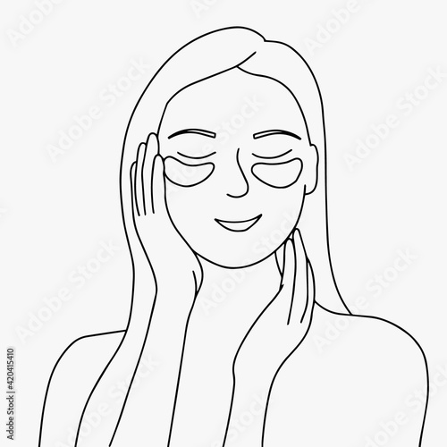 A woman makes a cosmetic treatment at home. Moisturizing patches under the eyes. Skin care concept, SPA facials. Morning routine. Healthy lifestyle, keep your skin healthy and youthful. Line Art