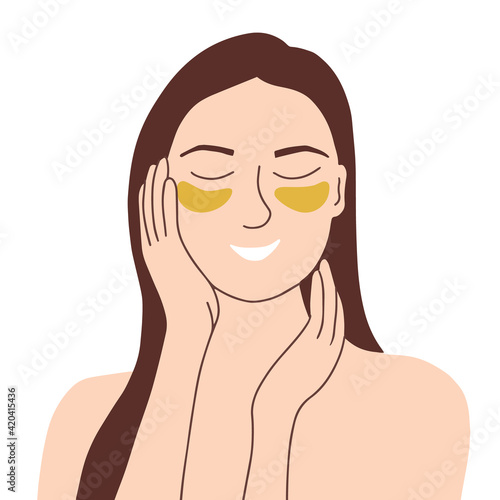 A woman makes a cosmetic treatment at home. Moisturizing patches under the eyes. Skin care concept, SPA facials. Morning routine. Healthy lifestyle, keep your skin healthy and youthful. flat vector