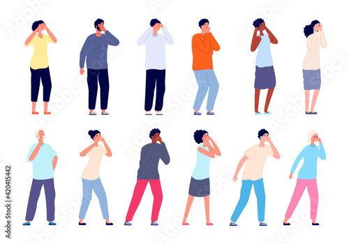 People screaming. Shouting persons, man woman covering mouth and ears. Adults call, thrilled shy or lost cartoon utter vector characters